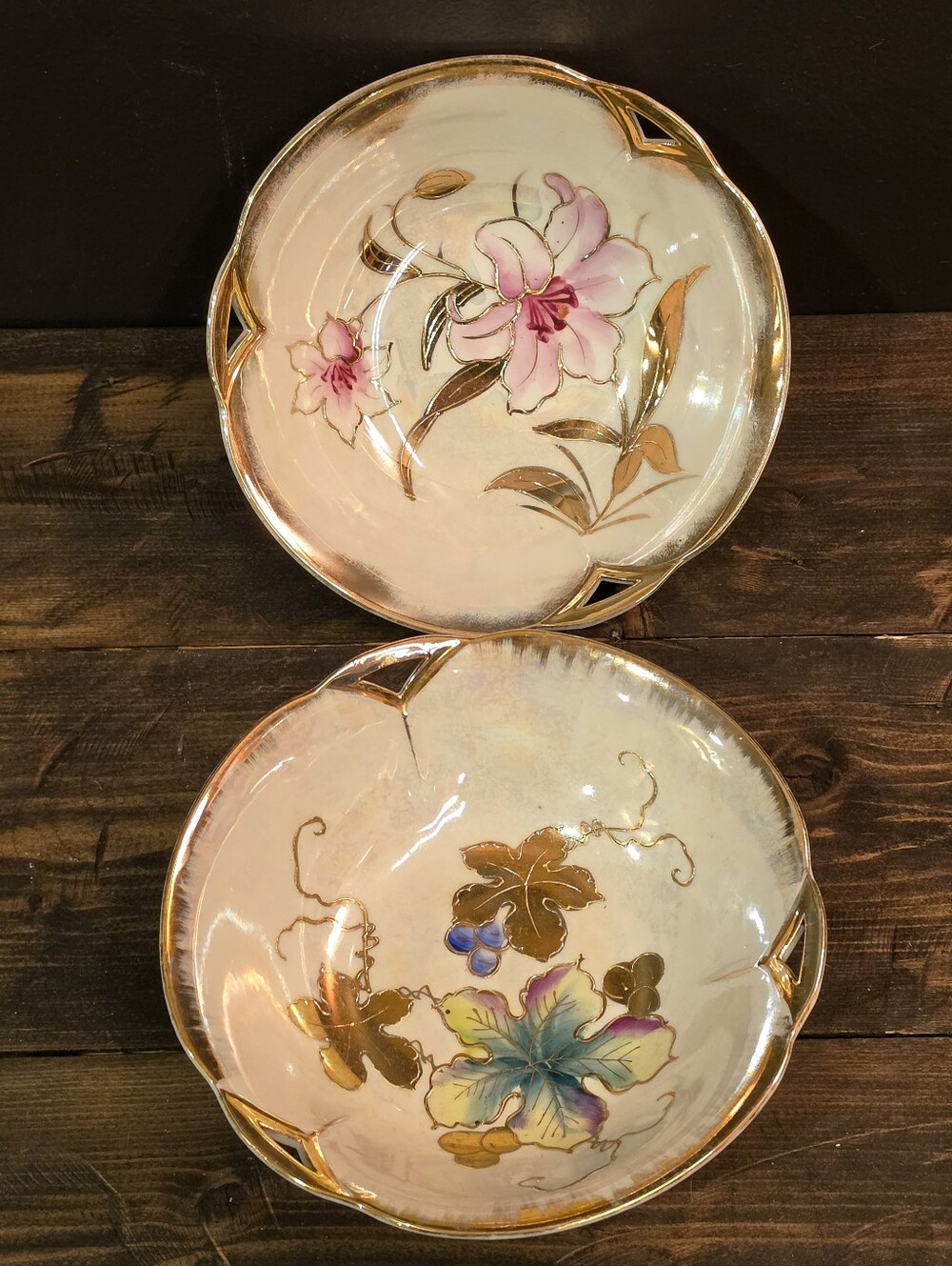 Vintage Trimont Ware Japan Lusterware Floral Bowls Set of 2 Scalloped Gold Trim